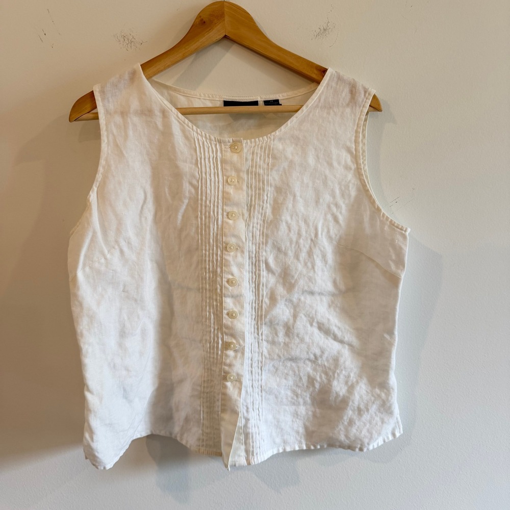 Liz Claiborne Lizsport White 100% Irish Linen Pintuck Button Front Tank Top 14
